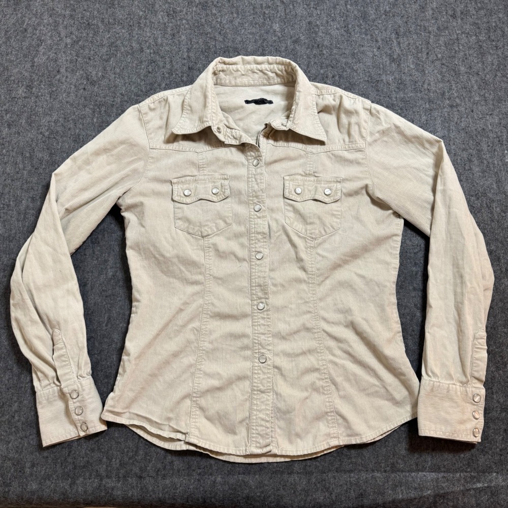 VTG 2002 Gap Corduroy Western Snap Button Shirt Tan Beige Women Small FALL02
